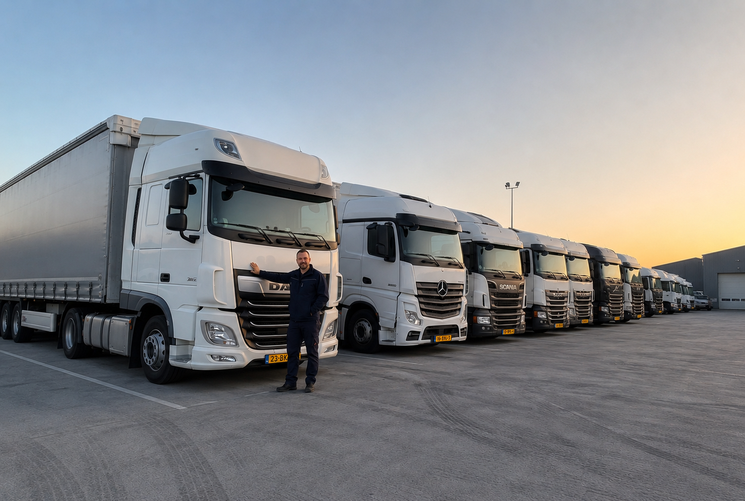 Fleet of modern European trucks parked at a depot