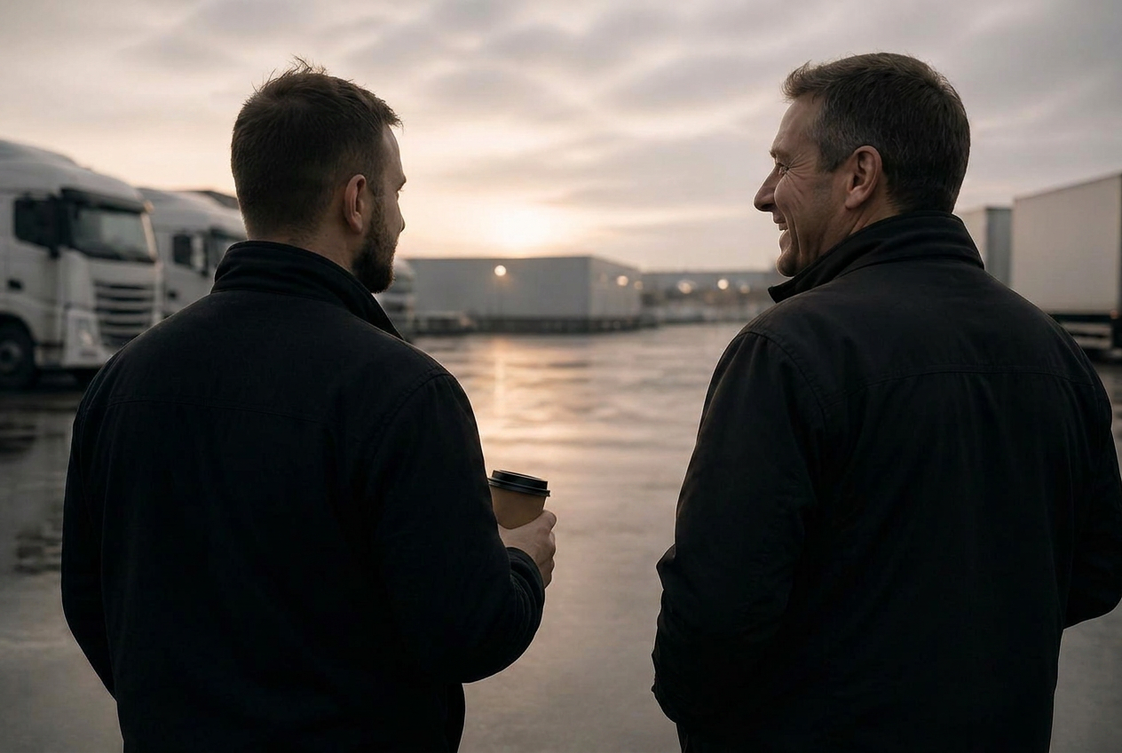 Two drivers seen from behind at a depot, holding a coffee and a bottle of water