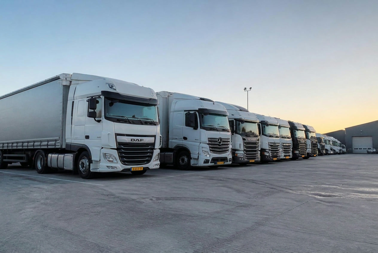 Fleet of trucks at a European depot