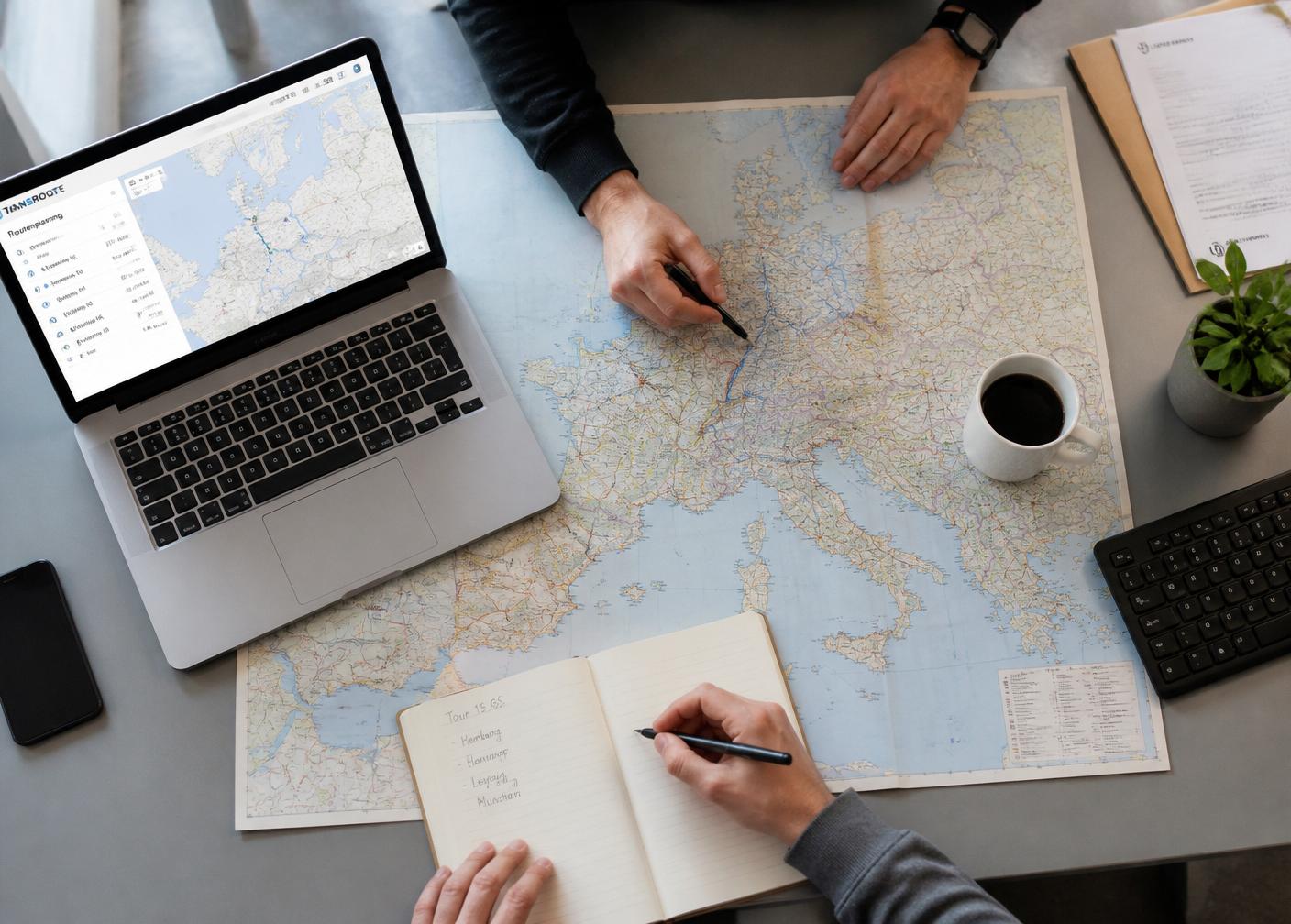 Route planning on a European map